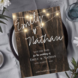 Rustic Wood String Lights Wedding  Save The Date Einladungspostkarte