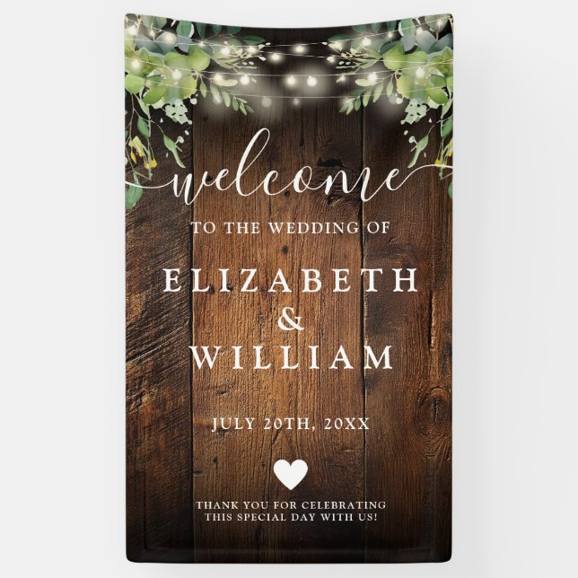 Rustic Wood String Lights Wedding Welcome  Banner (Vertikal)