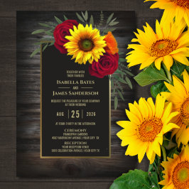 Rustic Wood Sunflower Burgundy Rose Wedding Einladung