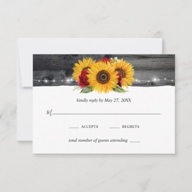 Rustic Wood Sunflower Burgundy Rote Rose Wedding RSVP Karte (Vorderseite)