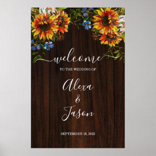 Rustic Wood Sunflower Country Wedding Welcome Sign Poster