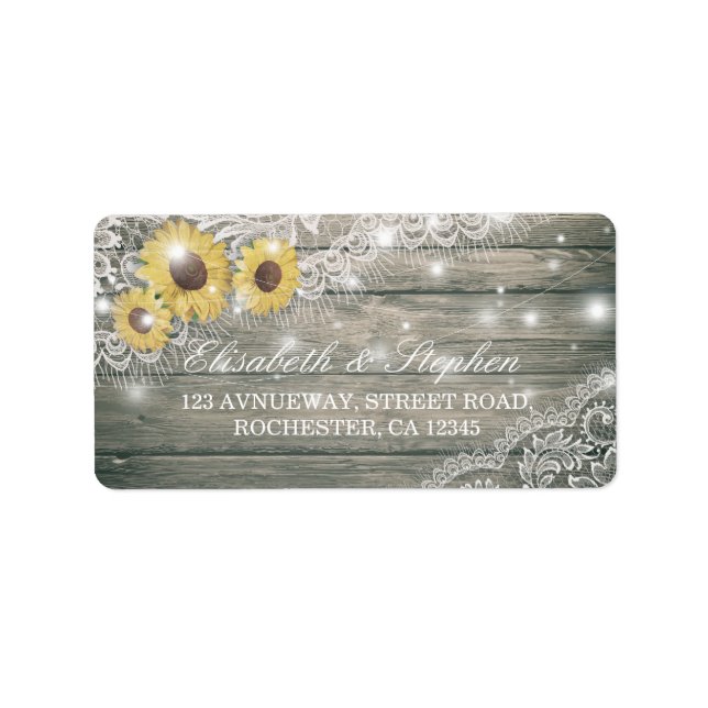 Rustic Wood Sunflower Elegant Lace Wedding Adresse Adressaufkleber (Vorne)