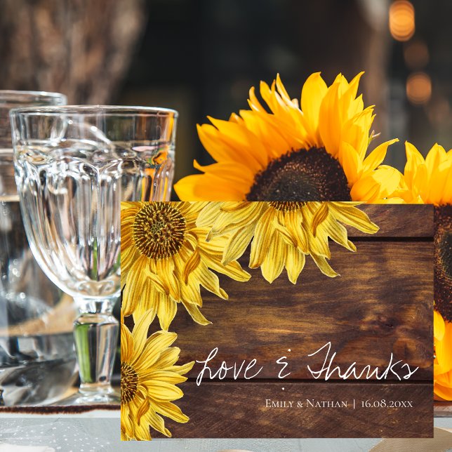 Rustic Wood Sunflower Hochzeit im Herbst Danke Postkarte (Rustic Wood Sunflower Fall Wedding Thank you Postcard)