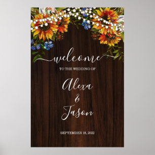 Rustic Wood Sunflower Lights Wedding Welcome Sign Poster