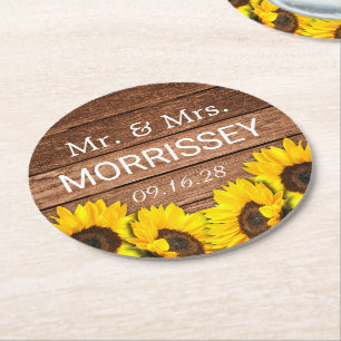 Rustic Wood Sunflower Mr. und Mrs. Gastgeschenk Ho Runder Pappuntersetzer