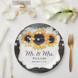Rustic Wood Sunflower Mr. und Mrs. Wedding Pappteller