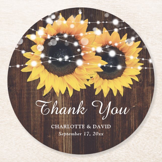 Rustic Wood Sunflower Wedding Vielen Dank Runder Pappuntersetzer (Vorderseite)