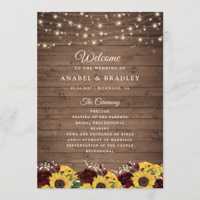 Rustic Wood Sunflowers Burgundy Wedding Program Programm (Vorderseite)