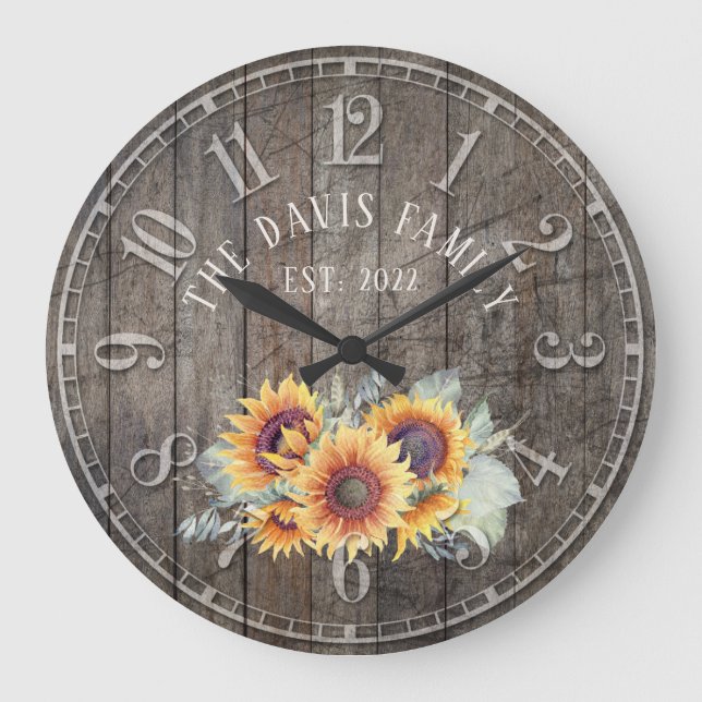 Rustic Wood Sunflowers Custom Family Große Wanduhr (Vorderseite)
