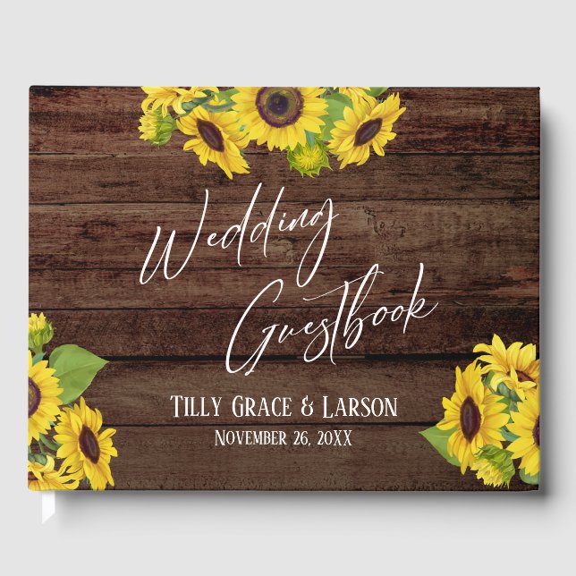 Rustic Wood Sunflowers Handwriting Gästebuch (Vorderseite)