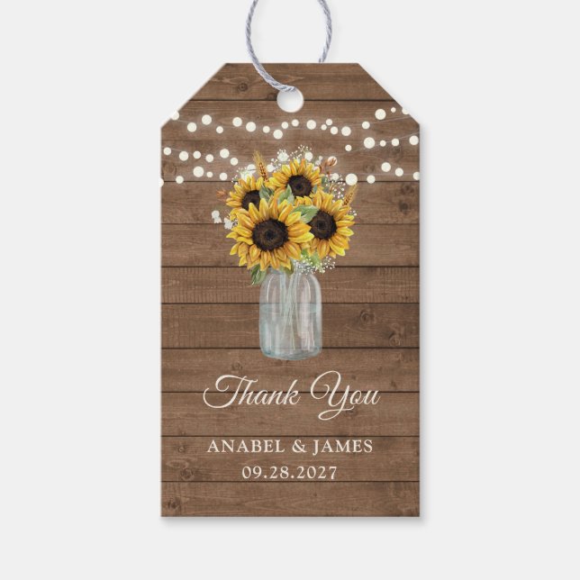Rustic Wood Sunflowers Mason Jar Geschenkmarke Geschenkanhänger (Vorderseite)
