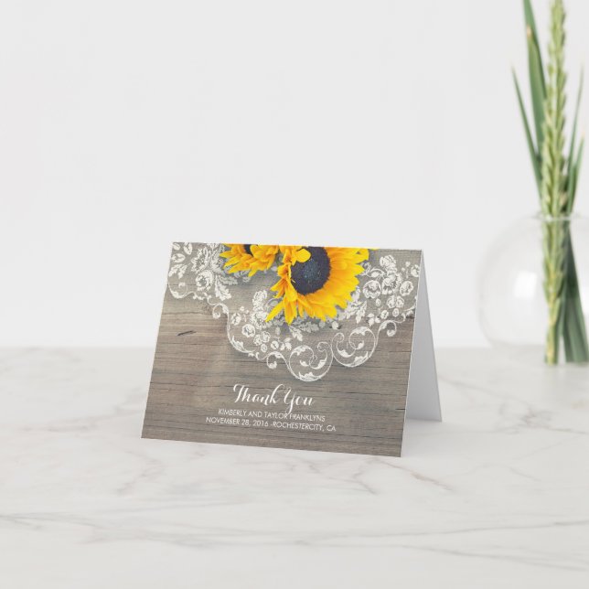 Rustic Wood Sunflowers Spitzen Wedding Danke (Vorderseite)