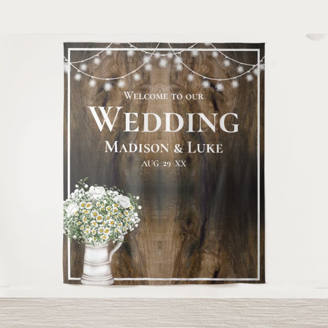 Rustic Wood Texture Floral Lights Welcome Wedding Wandteppich (Vorderseite)
