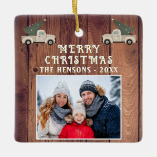 Rustic Wood Truck Family Foto Frohe Weihnachten Keramikornament