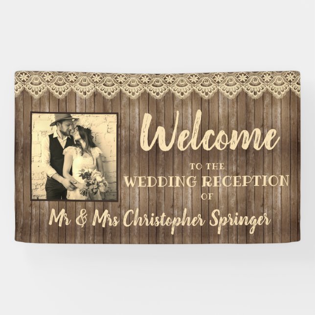 Rustic Wood Vanilla Lace Wedding Reception Foto Banner (Horizontal)