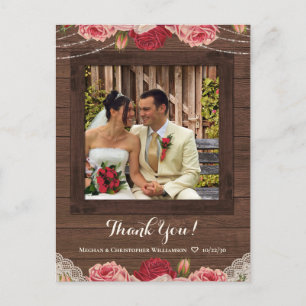 Rustic Wood Vintag Floral Wedding Danke Foto Postkarte