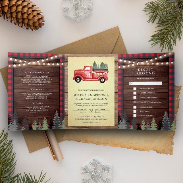 Rustic Wood Vintag Red Christmas Dreifach Gefaltete Einladung (Von Creator hochgeladen)