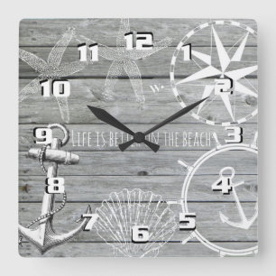Rustic Wood Vintage Nautical Theme Life is Better Quadratische Wanduhr