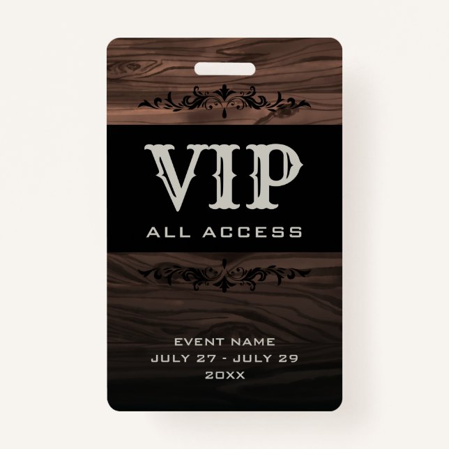 Rustic Wood VIP All Access Pass Event ID Abzeichen Ausweis (Vorderseite)