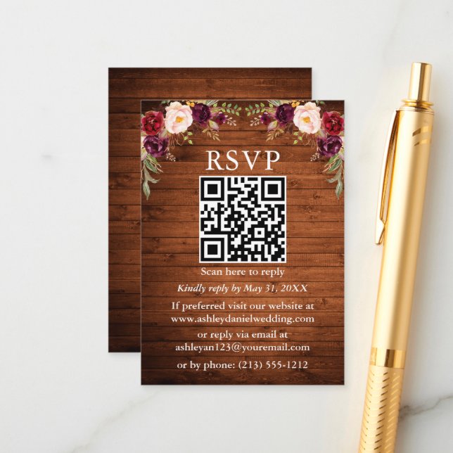 Rustic Wood Watercolor Burgundy Floral QR UAWG Begleitkarte (Vorderseite/Rückseite Beispiel)