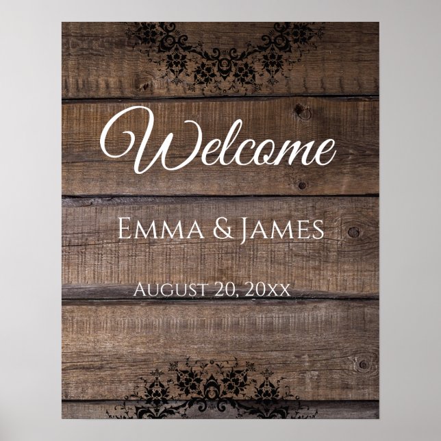 Rustic Wood Wedding Begrüßungsname, Date Poster (Vorne)