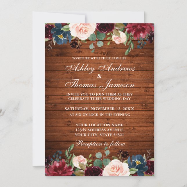 Rustic Wood Wedding Floral Burgundy Blue Einladung (Vorderseite)