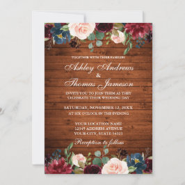 Rustic Wood Wedding Floral Burgundy Blue Einladung