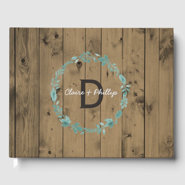 Rustic Wood Wedding Monogram | Botanischer Kranz Gästebuch (Vorderseite)