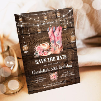Rustic Wood Western Save the Date Cowgirl Birthday Einladung