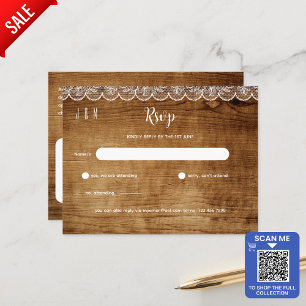 Rustic Wood White Lace Wedding RSVP - Matching Set Postkarte