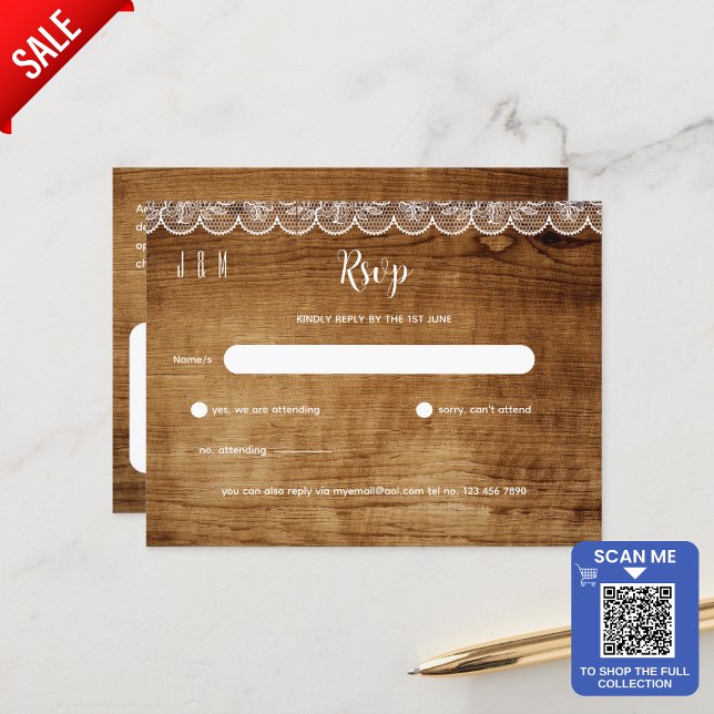 Rustic Wood White Lace Wedding RSVP - Matching Set Postkarte (Von Creator hochgeladen)