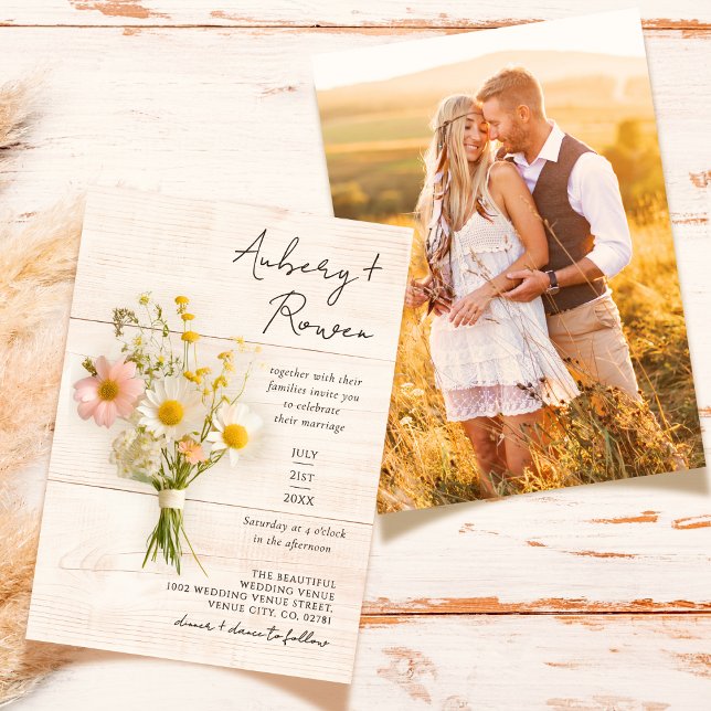 Rustic Wood Wildblume Bouquet Boho Foto Wedding Einladung (Von Creator hochgeladen)