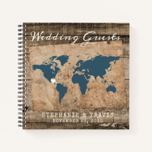 Rustic Wood World Map Beach Reiseziel Gästebuch Notizbuch