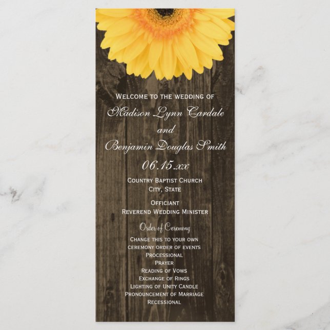 Rustic Wood Yellow Gerber Daisy Wedding Programs Programm (Vorderseite)