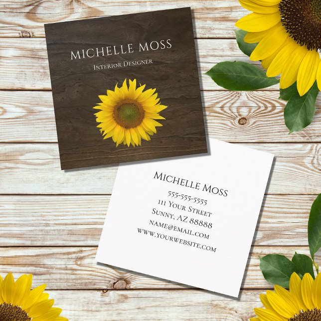 Rustic Wood Yellow Sunflower Business Card Quadratische Visitenkarte (Von Creator hochgeladen)