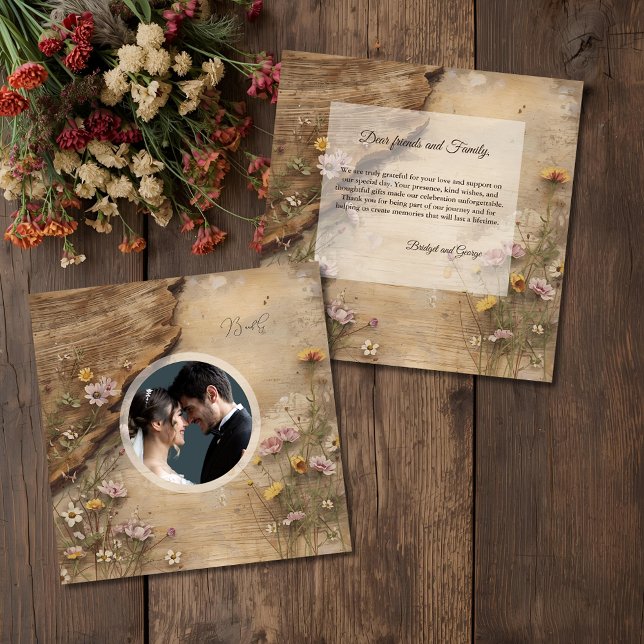 Rustic Wooden Bohemian Floral Wedding photo Dankeskarte (Von Creator hochgeladen)