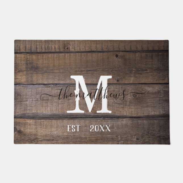 Rustic Wooden Muster Monogram Script Name Custom Fußmatte (Vorderseite)