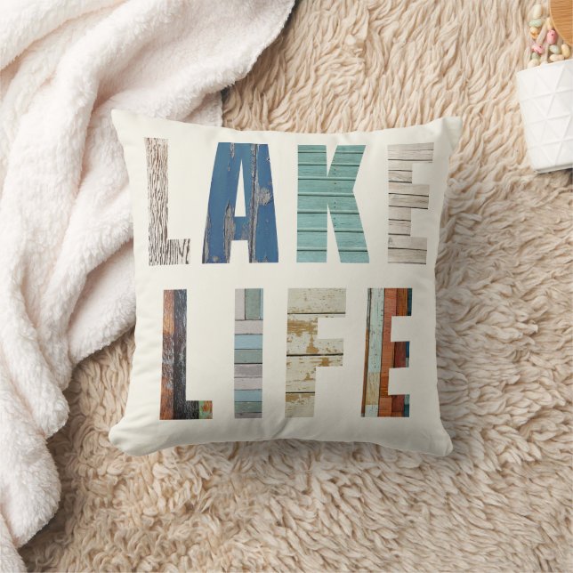 Rustic Wooden Planks "LAKE LIFE" Throw Pillow Kissen (Decke)
