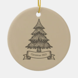 Rustic Wooden Tree Illustration Christmas Decor Keramik Ornament