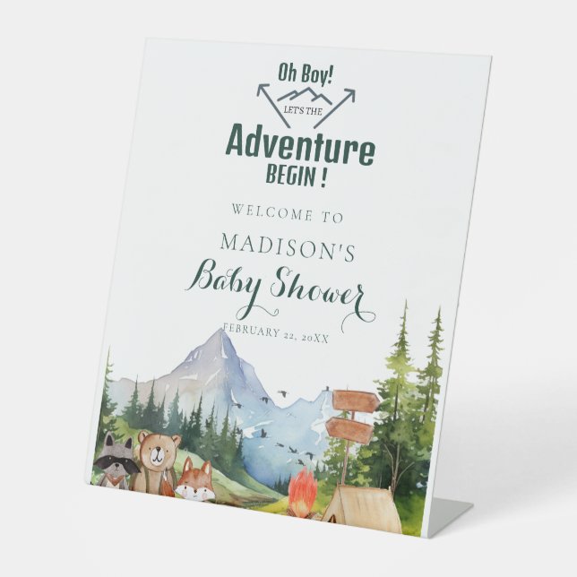 Rustic Woodland Adventure Baby Dusche Begrüßungsze Sockelschild (Vorderseite)
