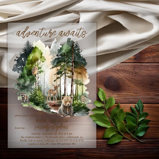 Rustic Woodland Adventure erwartet Boy Baby Shower Acryleinladungen (Rustic Woodland "Adventure Awaits" Boy Baby Shower Acrylic Invitations)
