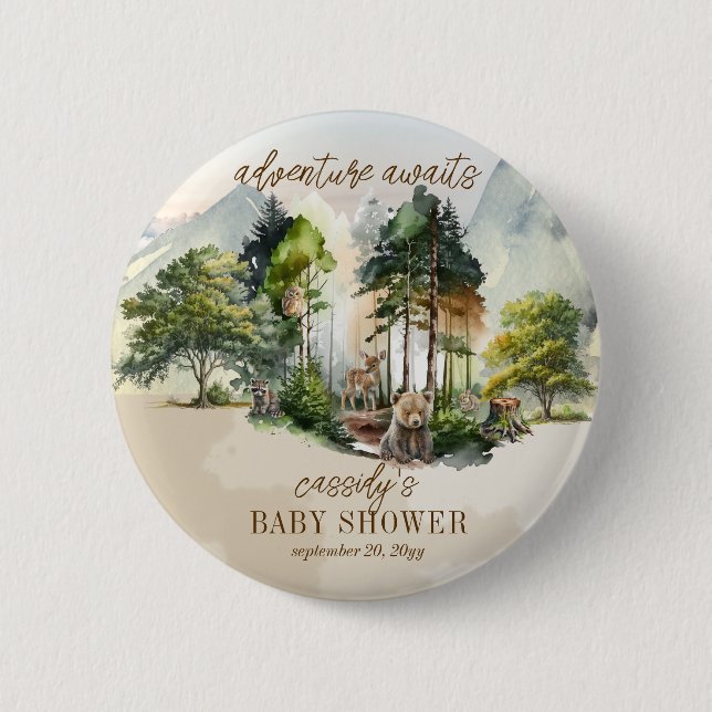 Rustic Woodland Adventure erwartet Boy Baby Shower Button (Vorderseite)