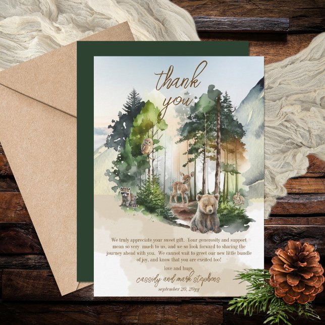 Rustic Woodland Adventure erwartet Boy Baby Shower Dankeskarte (Say "Thank You" in rustic  style with this woodland bear and forest animals boy baby shower design.)