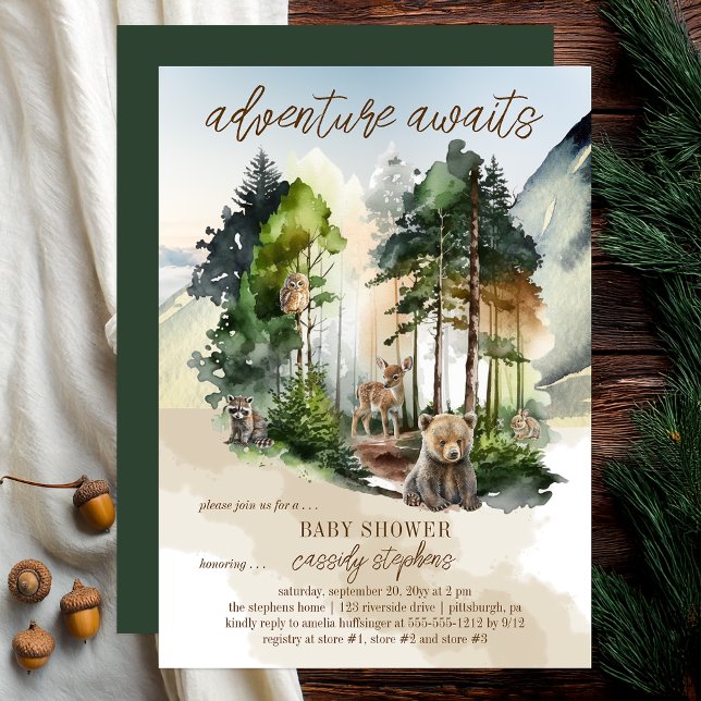 Rustic Woodland Adventure erwartet Boy Baby Shower Einladung ("adventure awaits" rustic woodland bear and forest animals boy baby shower design -- print | digital)