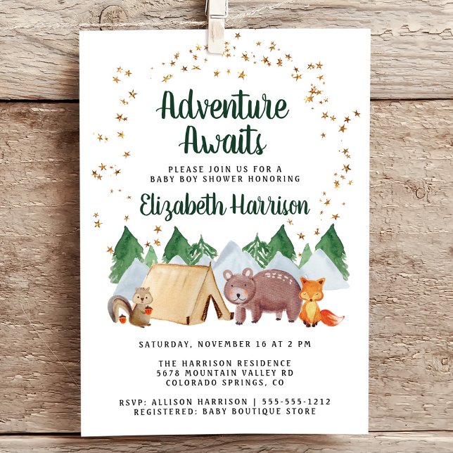 Rustic Woodland Animals Adventure Baby Shower Einladung (Embrace your upcoming adventure with a super cute baby shower invitation)