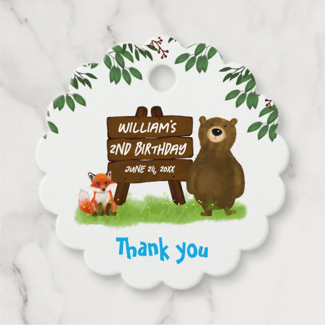 Rustic Woodland Bear Fox Forest Animals Birthday Geschenkanhänger (Vorderseite)