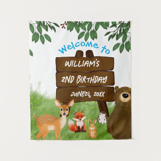 Rustic Woodland Birthday Party Forest Animals Wandteppich (Vorderseite)