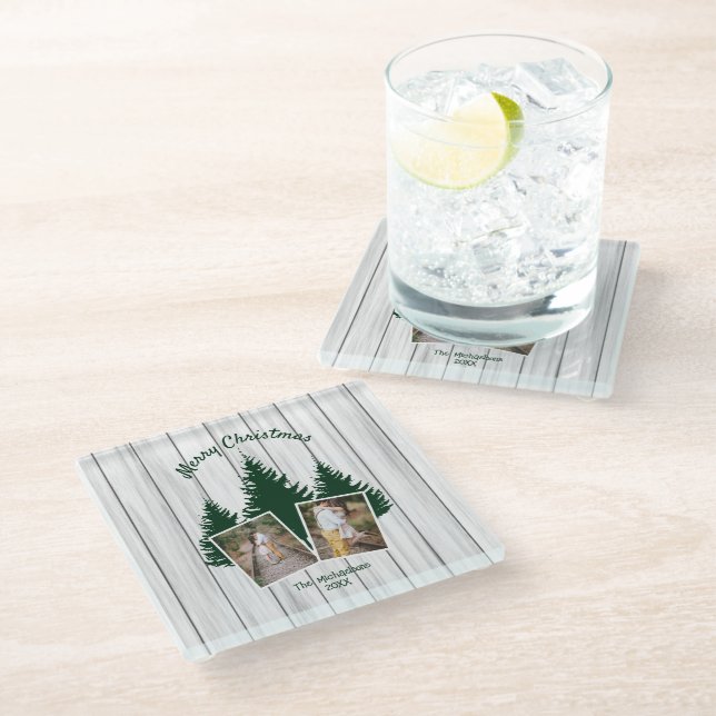 Rustic Woodland Christmas Photo Glasuntersetzer (Schrägansicht)