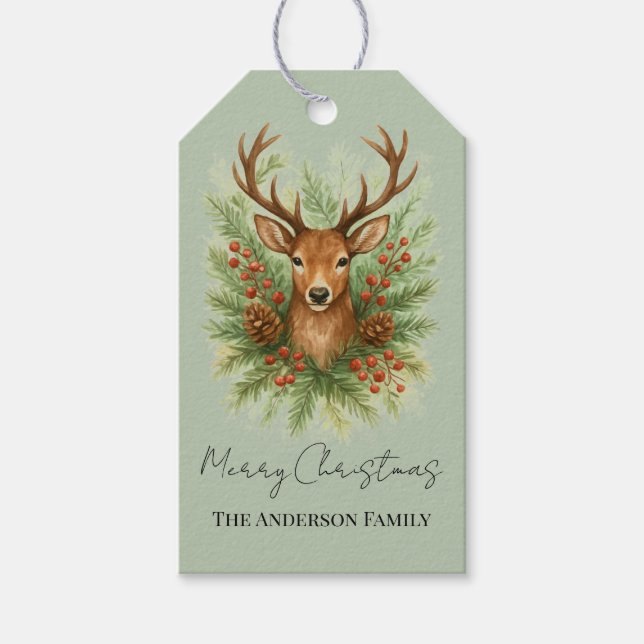 Rustic Woodland Deer Head with Winter Foliage -  Geschenkanhänger (Vorderseite)