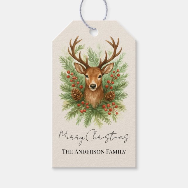 Rustic Woodland Deer Head with Winter Foliage -  Geschenkanhänger (Vorderseite)